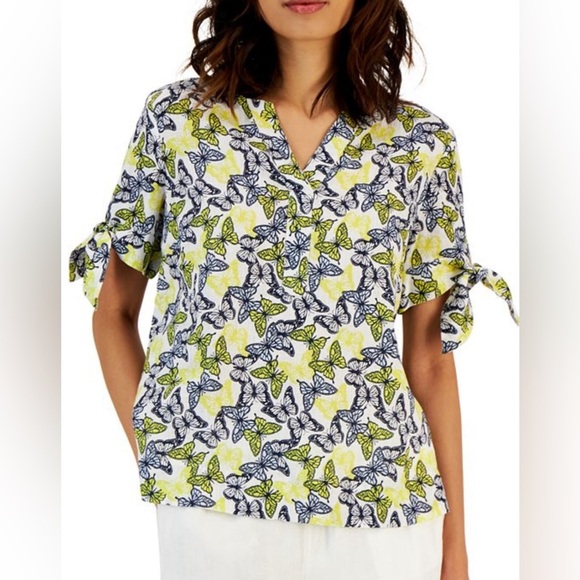 CHARTER CLUB Butterfly Tie-Cuff Linen Top, Women's Size Petite Small NWOT - Picture 3 of 6